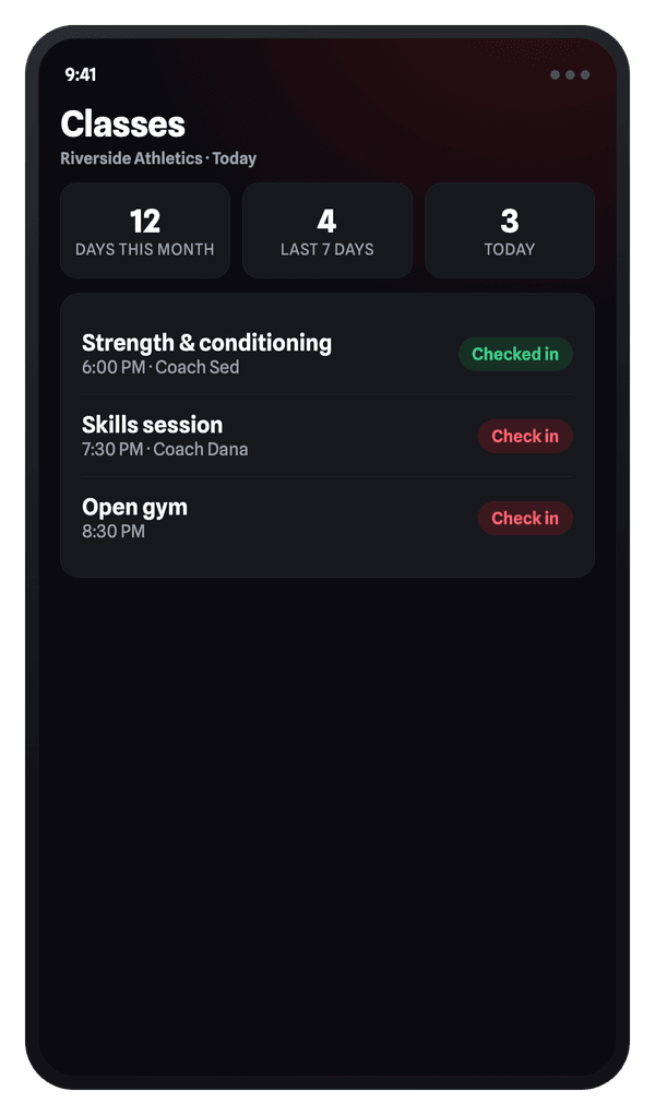 iVenza classes: attendance stats and a daily class timetable with one-tap check-in.