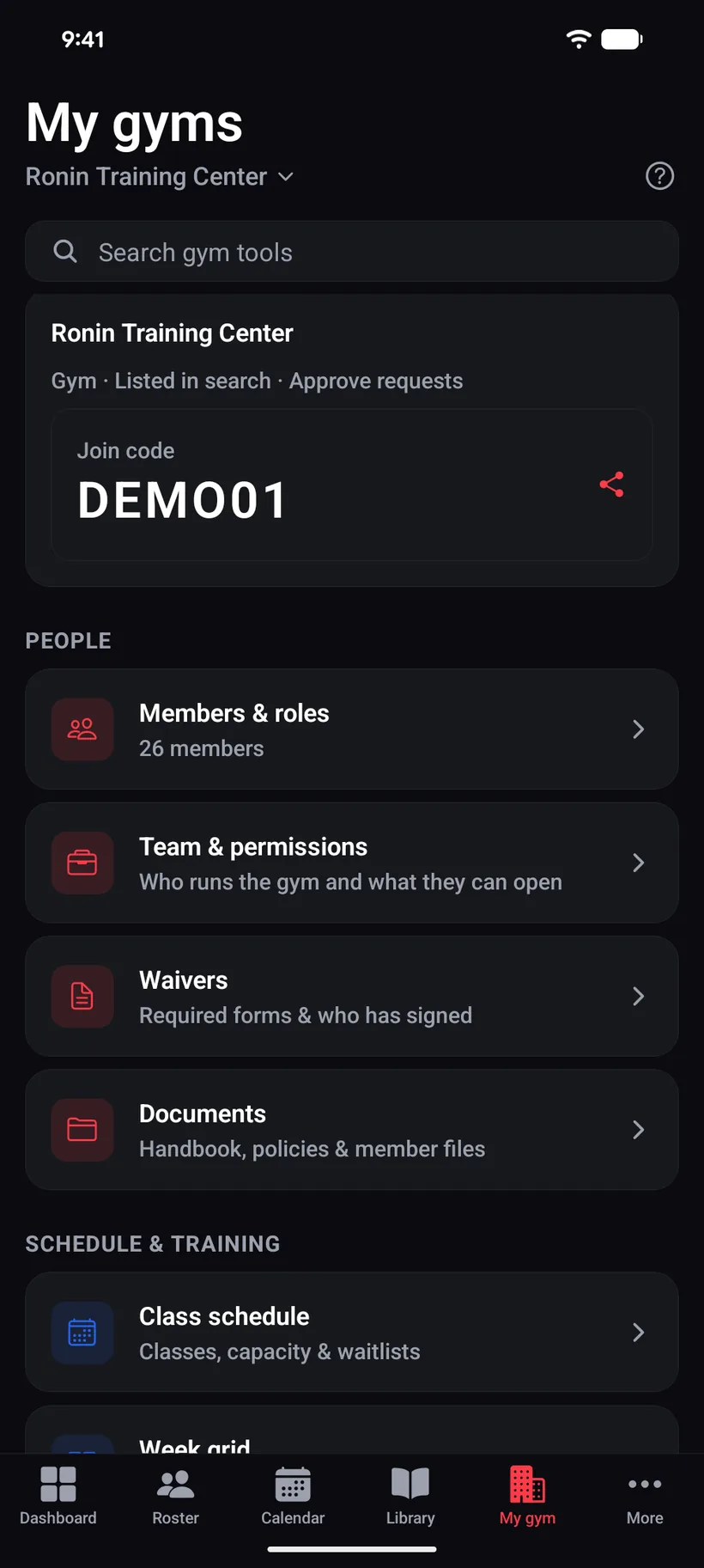 The iVenza My gym hub for Ronin Training Center: the join code to share, then grouped tools - People (members and roles, team and permissions, waivers, documents) and Schedule and training (class schedule, week grid) - with a search box over every gym tool.
