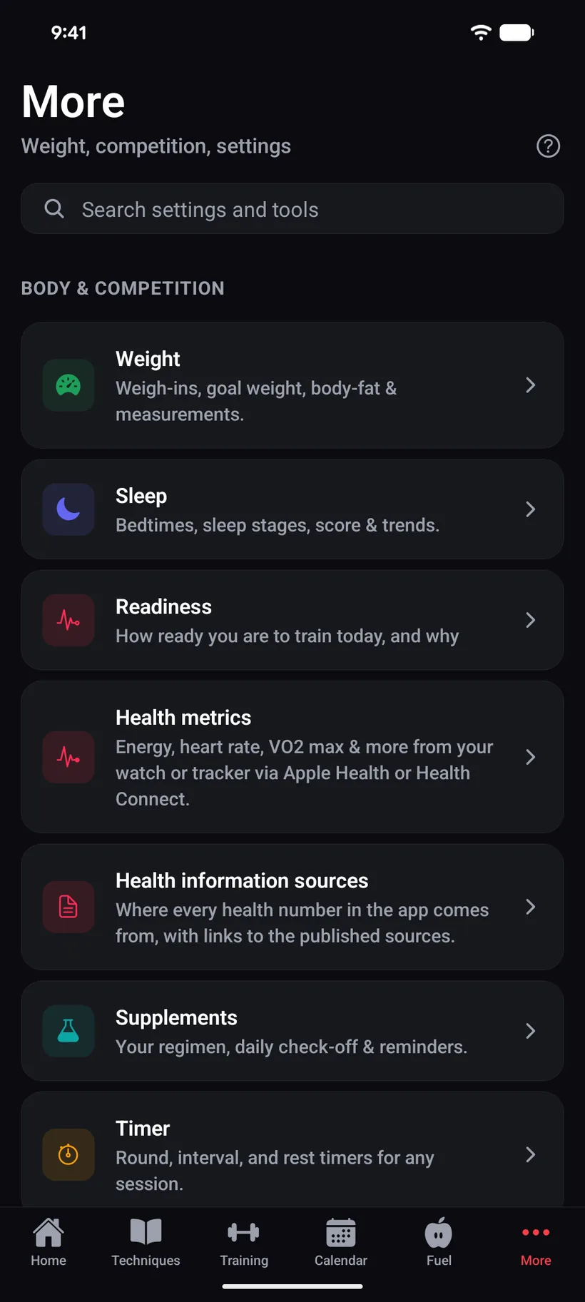 The iVenza body and competition menu: weight, sleep, readiness, health metrics, health information sources, supplements and the timer.