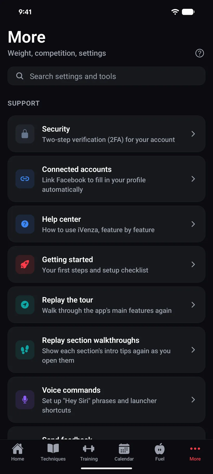 The iVenza support menu: security, connected accounts, the help center, a getting-started checklist, replaying the guided tour and section walkthroughs, and voice commands.