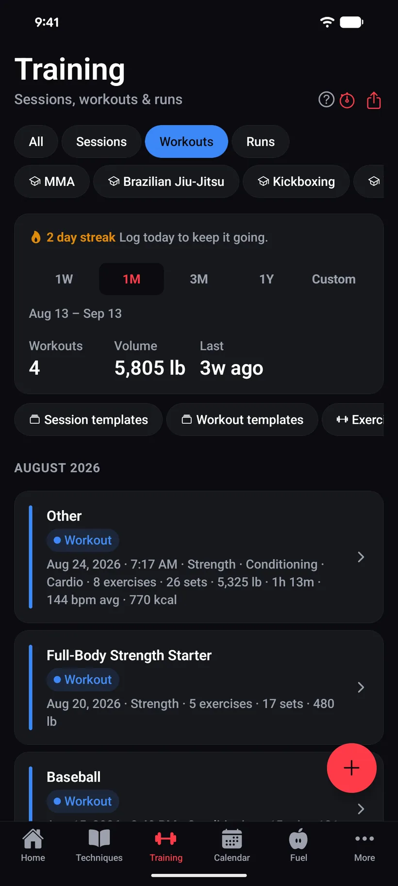 The iVenza training screen filtered to workouts: four workouts and 5,805 lb of volume for the month, shortcuts to session templates, workout templates and the exercise library, and the month's logged workouts with exercises, sets and volume.