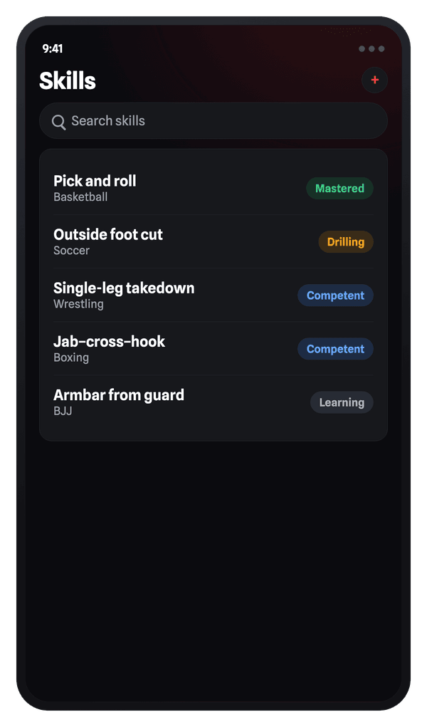 iVenza skills library: skills across basketball, soccer, wrestling, boxing, and BJJ with proficiency tags.
