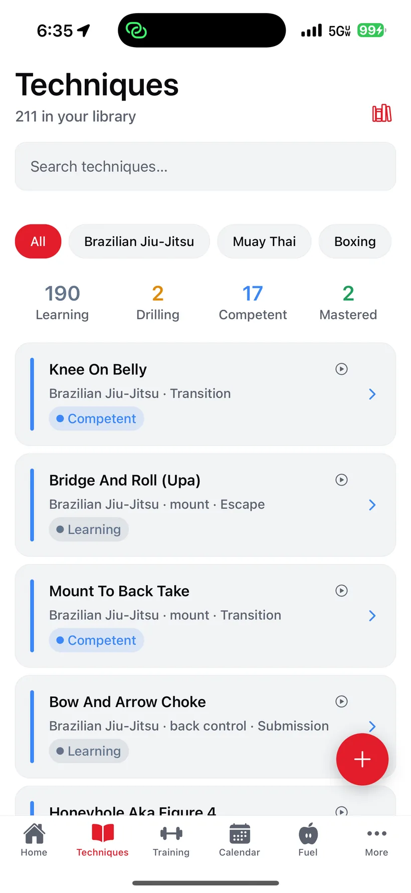 The iVenza skills library: 211 techniques with proficiency counts for learning, drilling, competent and mastered, filtered across Brazilian Jiu-Jitsu, Muay Thai and Boxing.