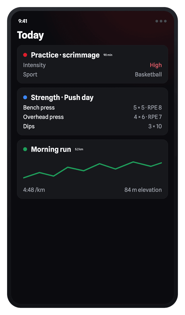 iVenza training log: a basketball practice, a strength workout with sets and RPE, and a run with a route line.