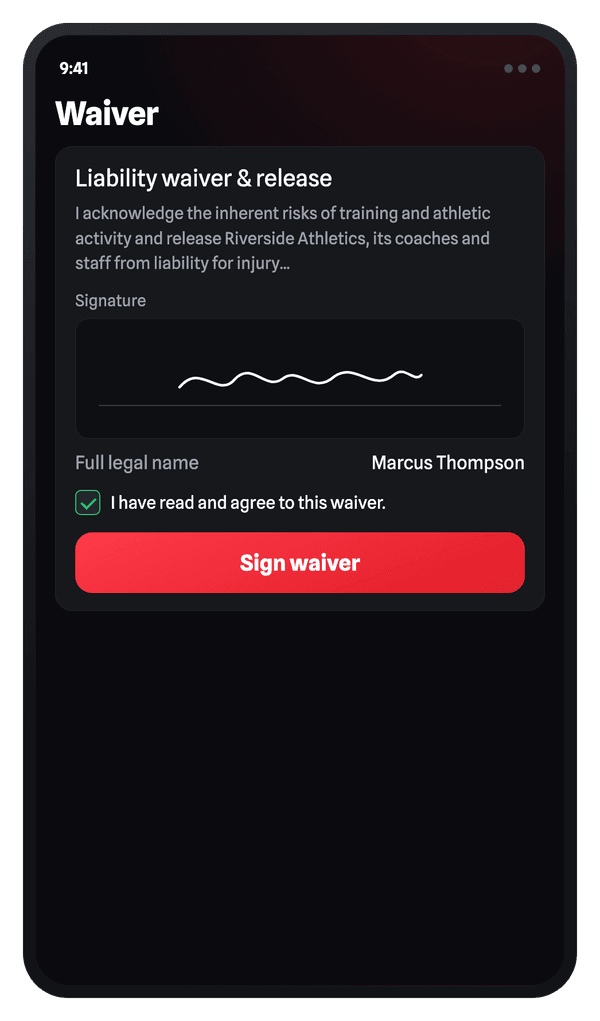iVenza digital waiver: a liability release with a drawn signature, typed legal name, an agreement checkbox, and a Sign waiver button.