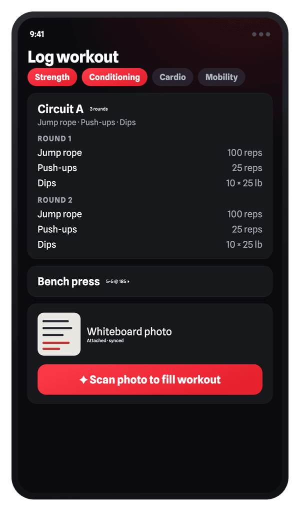 iVenza workout editor: a strength and conditioning session with a circuit logged by rounds, a collapsed bench press card, an attached whiteboard photo, and a Scan photos to fill workout button.